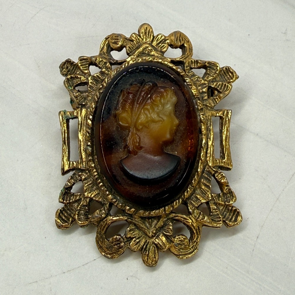 Vintage Gold Tone Faux Tortoise Resin Cameo Brooch Ornate Frame Pin